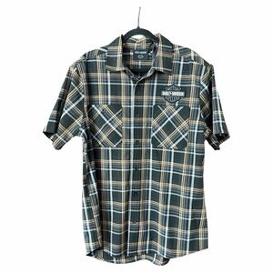 Harley-Davidson Men's Black & Tan Plaid Short Sleeve Button-Up Shirt Large